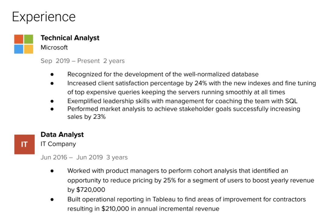 A screenshot shows what a finished Experience section might look like. 