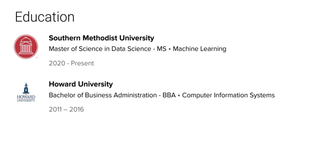 A screenshot shows what a finished Education section might look like. 