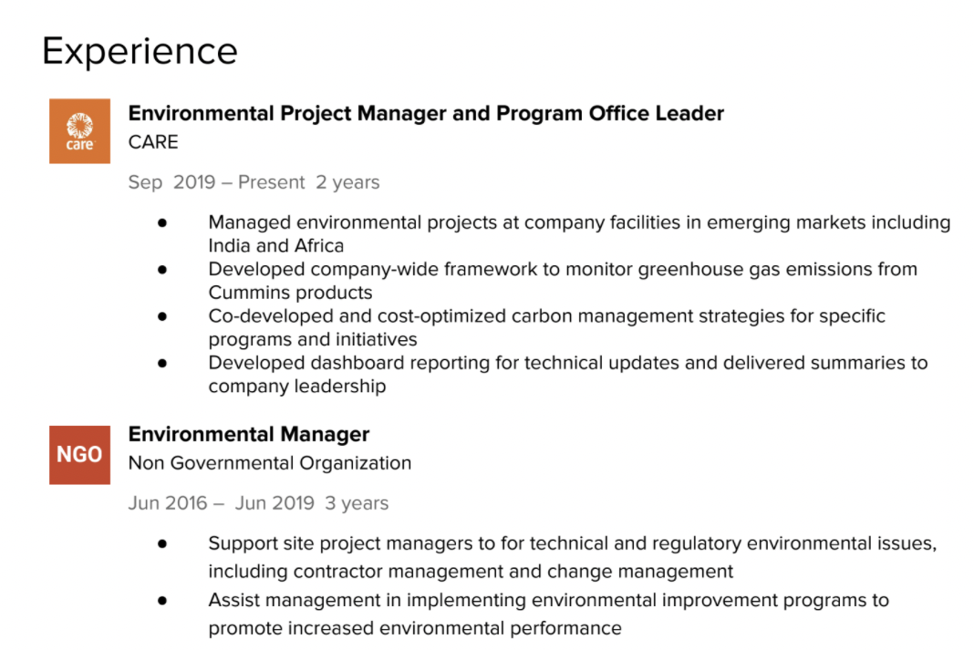 A screenshot shows what a completed Experience section might look like. 
