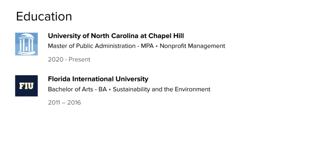 A screenshot shows what a finished Education section might look like. 