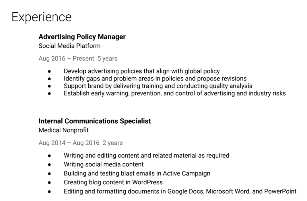 A screenshot shows what a finished Experience section might look like. 