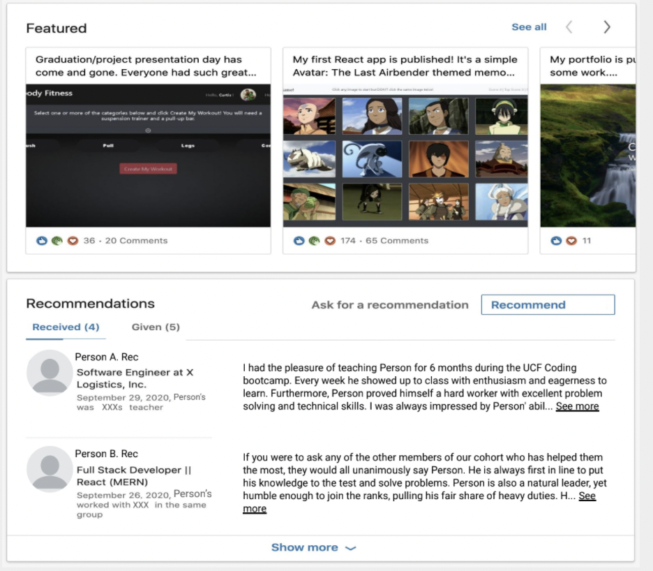 A screenshot shows a finished Recommendations section. 