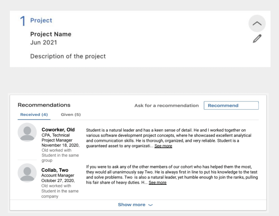 A screenshot shows a finished Recommendations section. 