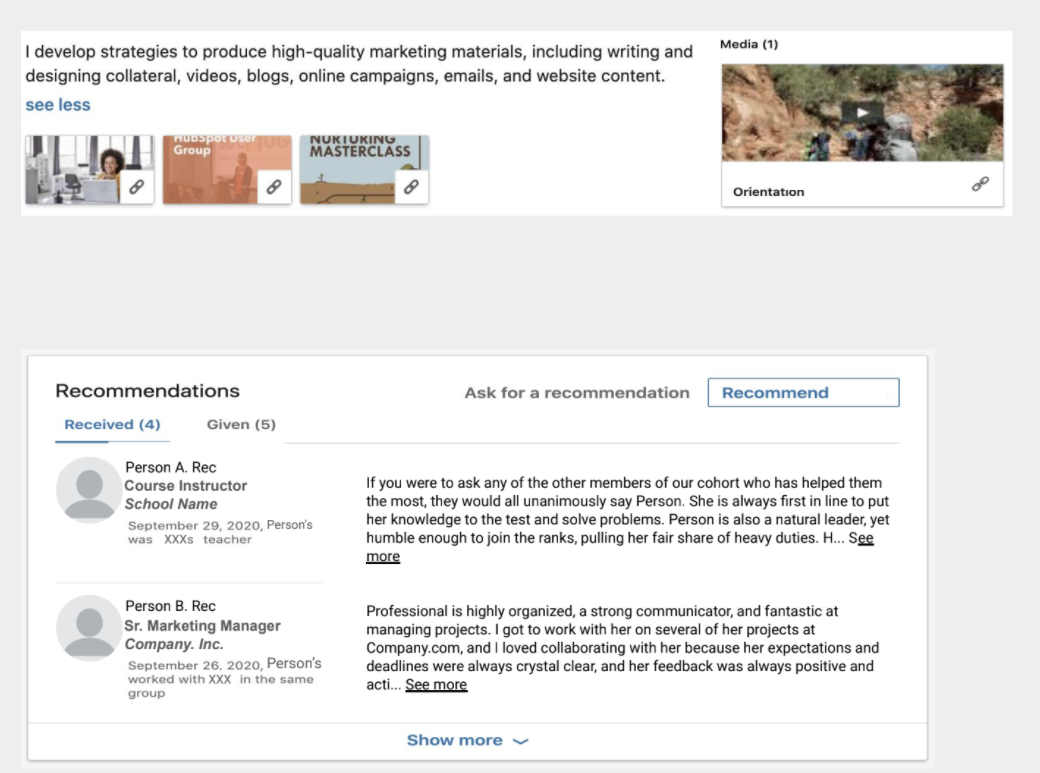 A screenshot shows a finished Recommendations section. 