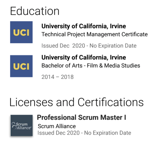 A screenshot shows a finished Education section. 