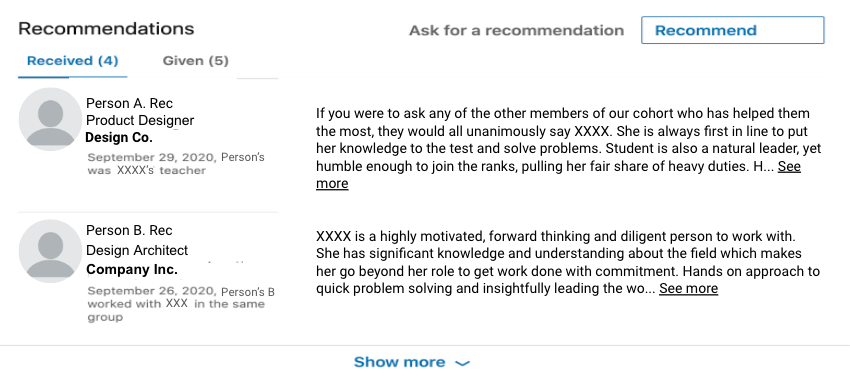 LinkedIn profile showing recommendations from colleagues