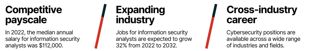 An infographic explains three benefits to developing cybersecurity skills, including a desirable payscale, growing industry, and cross-industry career options.